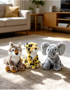 Cute animal plush toy detail showing three soft stuffed dolls sitting together in a cozy room setting.