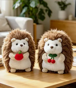 Cute hedgehog plush toy holding fruit detail, soft stuffed animal doll for kids and room decor.