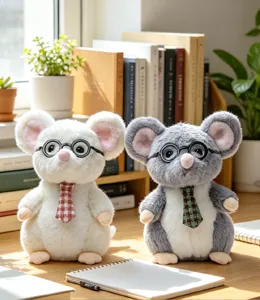 Cute plush mouse dolls with glasses and ties on desk, detailed view of soft toy pair.
