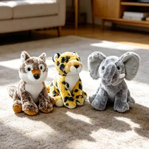 Cute plush animal toys set featuring wolf, leopard and elephant soft dolls for kids.