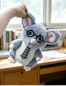 Cute plush mouse toy doll with glasses and tie, soft stuffed animal companion for kids.