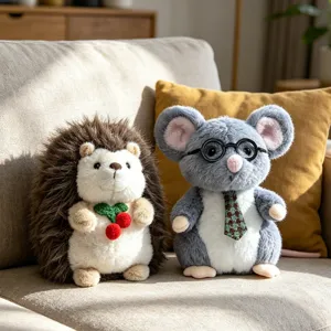 Cute plush hedgehog and mouse stuffed animal toys set, soft companion dolls for kids sofa decor.