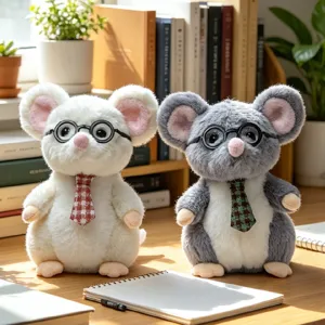 Cute mouse plush toy pair with glasses and tie, soft stuffed animal doll for kids decoration.