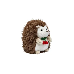 Cute plush hedgehog toy holding red cherries, soft stuffed animal doll for kids companion.