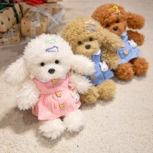 Cute dressed plush teddy dog toy, soft stuffed puppy doll with dress and hair clips, kids gift.