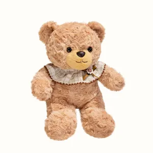 Cute teddy bear plush toy with plaid bib, soft stuffed animal doll for kids and girls soothing gift