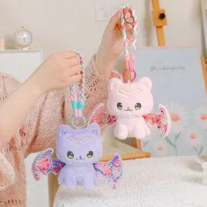 Cute bat cat plush toy keychain, soft stuffed animal doll pendant for bag and keys.