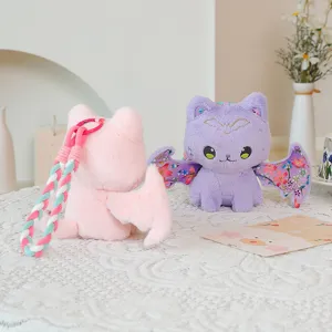 Cute bat cat plush toy keychain, fluffy stuffed doll bag pendant for adorable girls and kids gifts.
