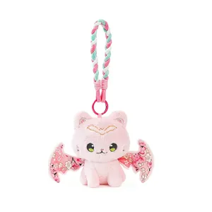 Cute pink bat cat plush toy keychain, fluffy animal doll bag pendant for girls and kids.