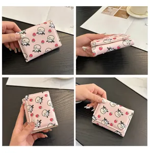 Pink trifold short wallet for women, cute cow and strawberry pattern mini card holder.