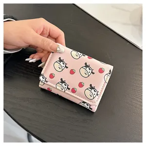 Pink trifold short wallet for women, cute cartoon cow and strawberry print mini coin purse.