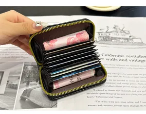 Women black zipped card holder accordion wallet PU leather coin purse multi card slots.