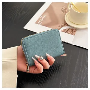 Porte-cartes minimaliste en cuir PU bleu avec fermeture éclair et pochette de monnaie