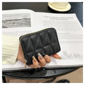 Black quilted leather card holder detail, zipper coin purse with multi slots for women.