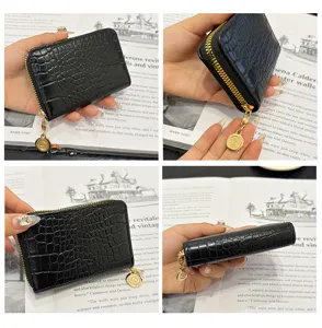 Black crocodile pattern zipper card holder for women small coin purse fashion wallet