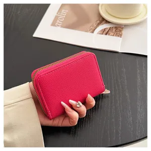 Petit porte-cartes accordéon en cuir PU rose anti-RFID avec fermeture éclair