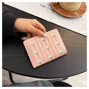 Women short wallet pink daisy embroidery card holder zipper coin purse cute compact pocket