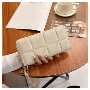 Women quilted long wallet chic white PU leather clutch purse with wrist strap new style 2025