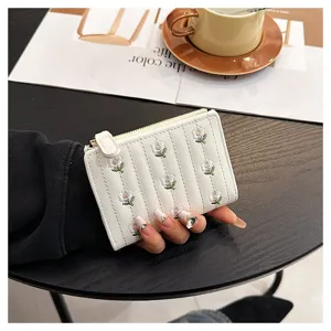 White short wallet for women, floral embroidery, folding zipper card holder, fresh style.