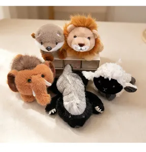 Cute plush animal toys set, soft stuffed mammoth lion otter sheep doll for kids room decor.
