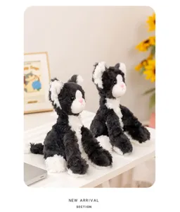 Cute black and white Devon cat plush toy, soft kitten doll for kids companion and soothing.