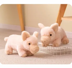 Cute plush pig doll detail view, soft stuffed animal standing on cozy carpet with grid stand.