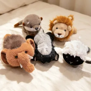Cute plush lying animal toys set including lion, otter, mammoth, and cute sheep plushies for kids.