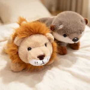 Cute lying lion and otter plush toys, soft stuffed animal dolls for kids soothing comfort.