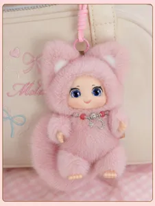 Delizioso ciondolo bambola volpe in peluche rosa, portachiavi animale soffice per borse da donna.