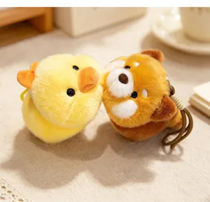 Cute plush animal keychain set, yellow chick and brown puppy plush pendants, soft bag charm.