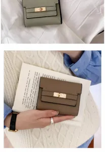 Women short folding wallet with metal turn-lock closure, multi-card slots and coin pocket.