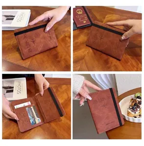 Fundilla de pasaporte de cuero PU marrón vintage con banda elástica, tarjetero de viaje.