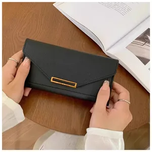 Black long wallet minimalist design elegant women clutch purse multi card slot slim fashion accessory