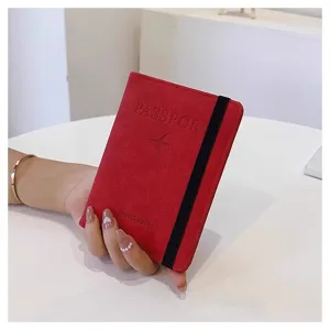 Funda roja para pasaporte con banda elástica, cartera de viaje de cuero PU para tarjetas.
