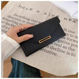 Black long women wallet envelope folding design elegant PU leather purse card holder daily use