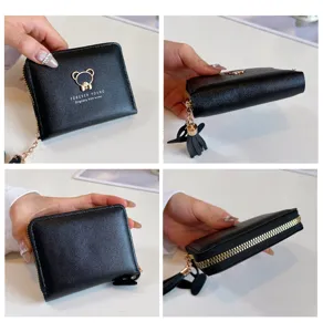 Women short black wallet cute bear metal logo tassel zipper coin purse daily casual use