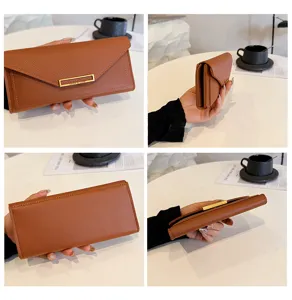 Women long brown wallet envelope clutch PU leather multiple card slots fashion purse bag