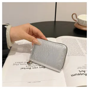 Silver metallic coin purse compact card holder with heart zipper charm for women daily use