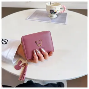 Cute cartoon bear short wallet with tassel for women, pink PU leather zip coin purse.