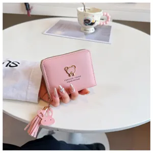 Pink PU leather short wallet for women, cute bear decor and tassel pendant, zipper coin purse.