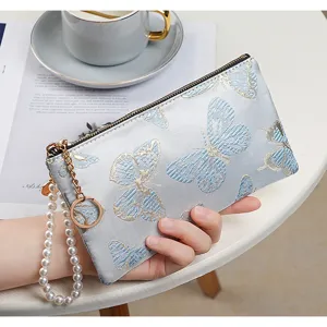 Women long embroidered butterfly wallet zipper clutch bag with pearl wrist strap chic purse