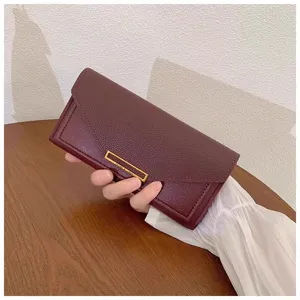 Women long wallet PU leather envelope clutch solid color card holder purse chic design detail