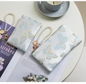 Floral embroidered butterfly women wallet with pearl wrist strap chic card holder pouch