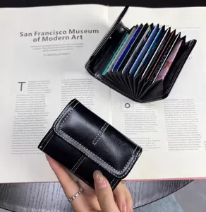 Damen schwarzer Leder Kartenhalter kompakte Faltbrieftasche Multi Kartensteckplatz Geldbörse.