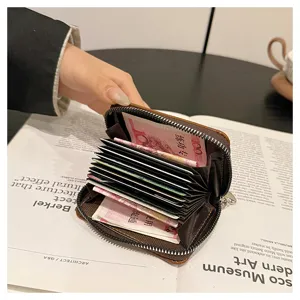 Brown PU leather accordion card holder with zipper, compact multi-slot coin purse for women.