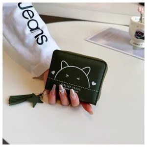 Women short PU leather zipper coin purse cute cat design card holder with tassel pendant