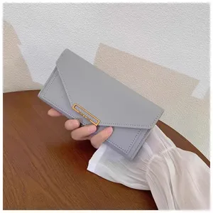 Elegant grey long women's wallet with chic metal clasp, minimalist Korean style purse.