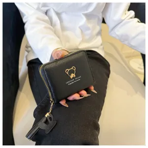 Black women short wallet cute bear metal decor tassel zipper coin purse card holder bag