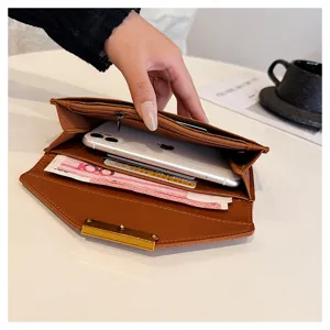Women's long wallet PU leather large capacity multi-card slot clutch purse brown daily use.