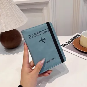 Portapasaportes de Cuero PU con Bloqueo RFID Cartera de Viaje Estuche para Documentos para Hombres Mujeres Protector de Pasaporte con Patrón de Avión Grabado